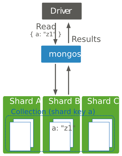 Read operations to a sharded cluster. Query criteria includes the shard key. The query router ``mongos`` can target the query to the appropriate shard or shards.